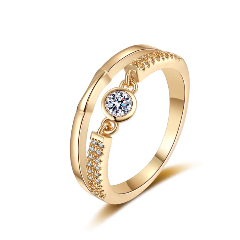 Fashion Romantic Zircon Trendy Brass 18K Gold Plated Double Ring Jewelry Wedding Engagement Anniversary Gift