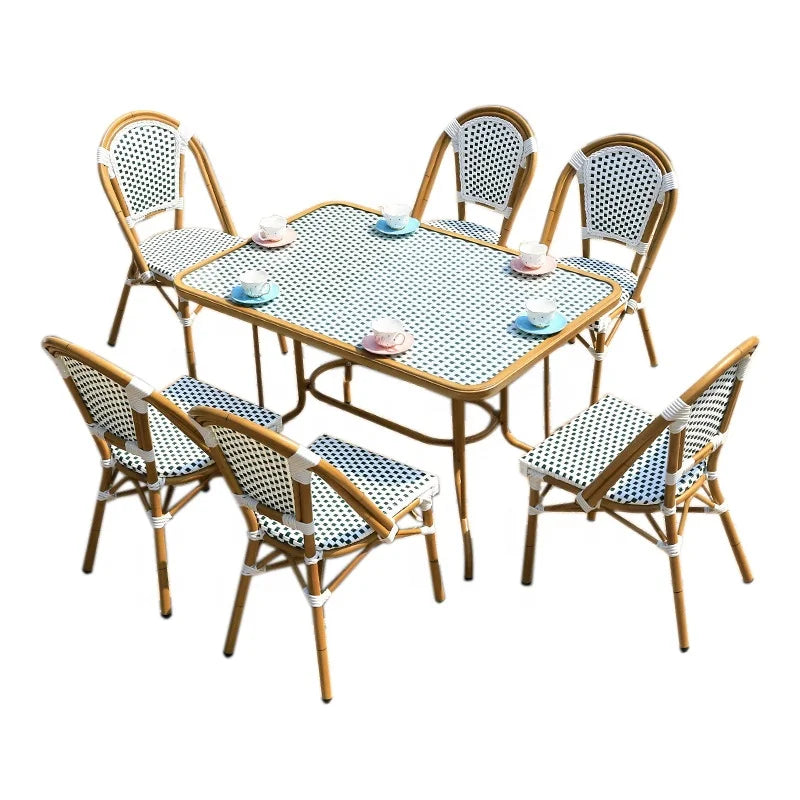 European Cross Weaving PE Rattan Rectangular 6 Seater Outdoor Dining Table Chair Set Comfortable Modern for Farmhouse Villa