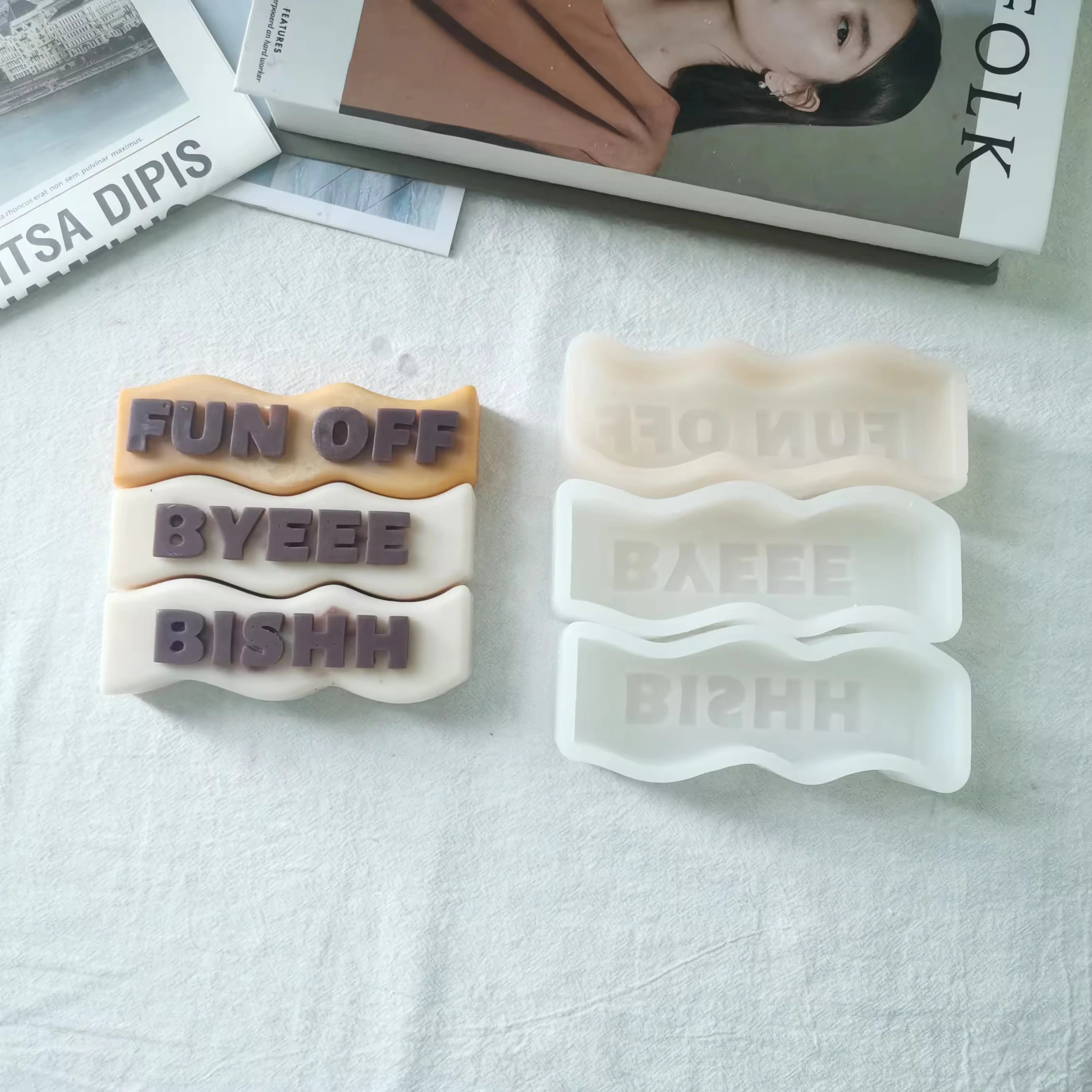 J152 Custom Unique Home Decoration Rectangle Language Word Silicone Mould DIY Wave Shape Letter Creative Candle Mold