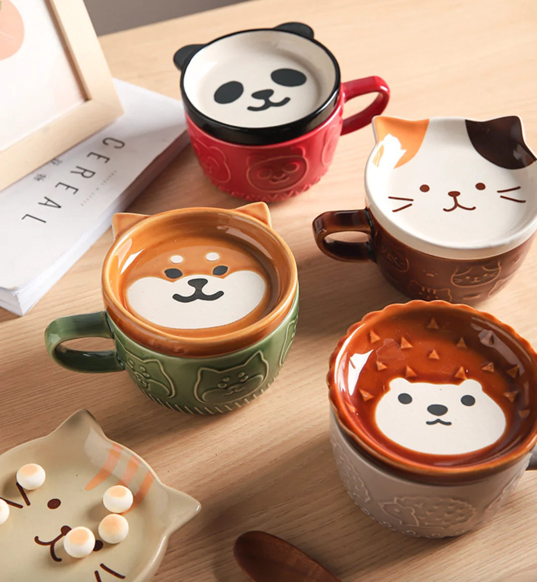 Drop Shipping Hot Selling Japanese Ceramic Cartoon Cat Mug Creative Milk Cup with Lid Couple Ceramic Coffee Cup
