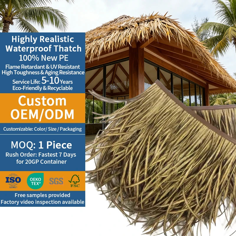 Factory Direct Sales Fireproof Plastic Decoration Outdoor Palm Leaves Synthetic Artificial Thatch Roof Small Batches Available