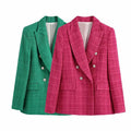 RNSHANGER Spring Women Fashion Double Breasted Tweed Blazer Vintage Long Sleeve Flap Pockets Solid Female Chic Outerwear