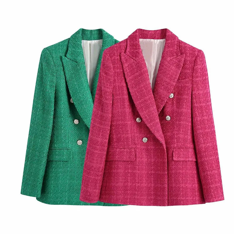 RNSHANGER Spring Women Fashion Double Breasted Tweed Blazer Vintage Long Sleeve Flap Pockets Solid Female Chic Outerwear