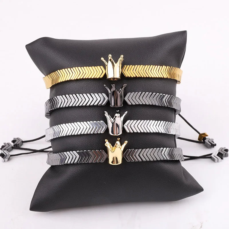 New Design Hematite Beads Copper Crown Charm Handmade Macrame Bracelet Men