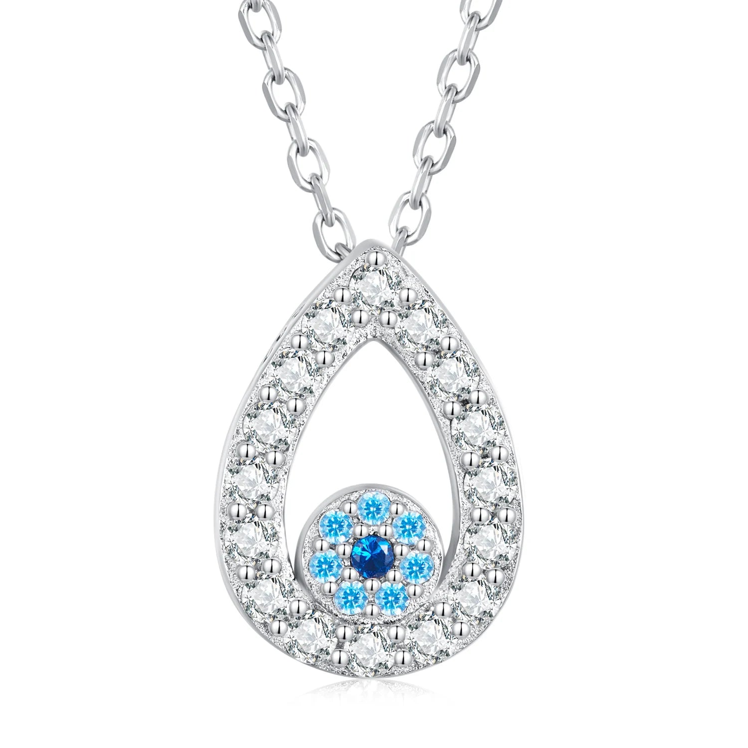 925 Sterling Silver Water-drop Blue Zircon Devil's Eye Pendant Necklace for Women Classic Neck Chain Fashion Jewelry BSN275