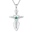 925 Sterling Silver Rhodium Plated Green CZ Gemstone Ancient Runes Engraved Ethnic Wedding Men's Cross Necklace