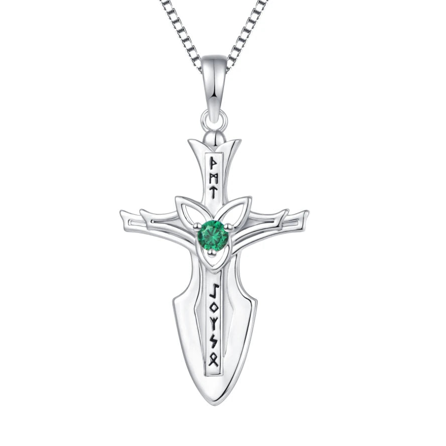 925 Sterling Silver Rhodium Plated Green CZ Gemstone Ancient Runes Engraved Ethnic Wedding Men's Cross Necklace