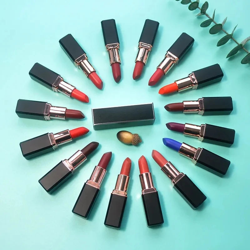 Custom Logo 16 Colors Matte Lipstick Waterproof Square Tube Nude Makeup Moisture Lip Balm  Pigment Cream Solid Lipstick