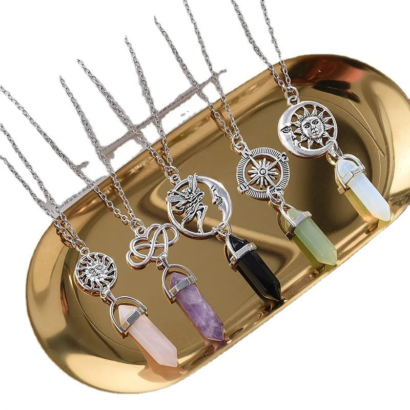 Natural Stone Pendant Crystal Pendant Necklaces Gemstone Hexagonal Pendants Necklace with Stainless Steel Chian Fashion Jewelry