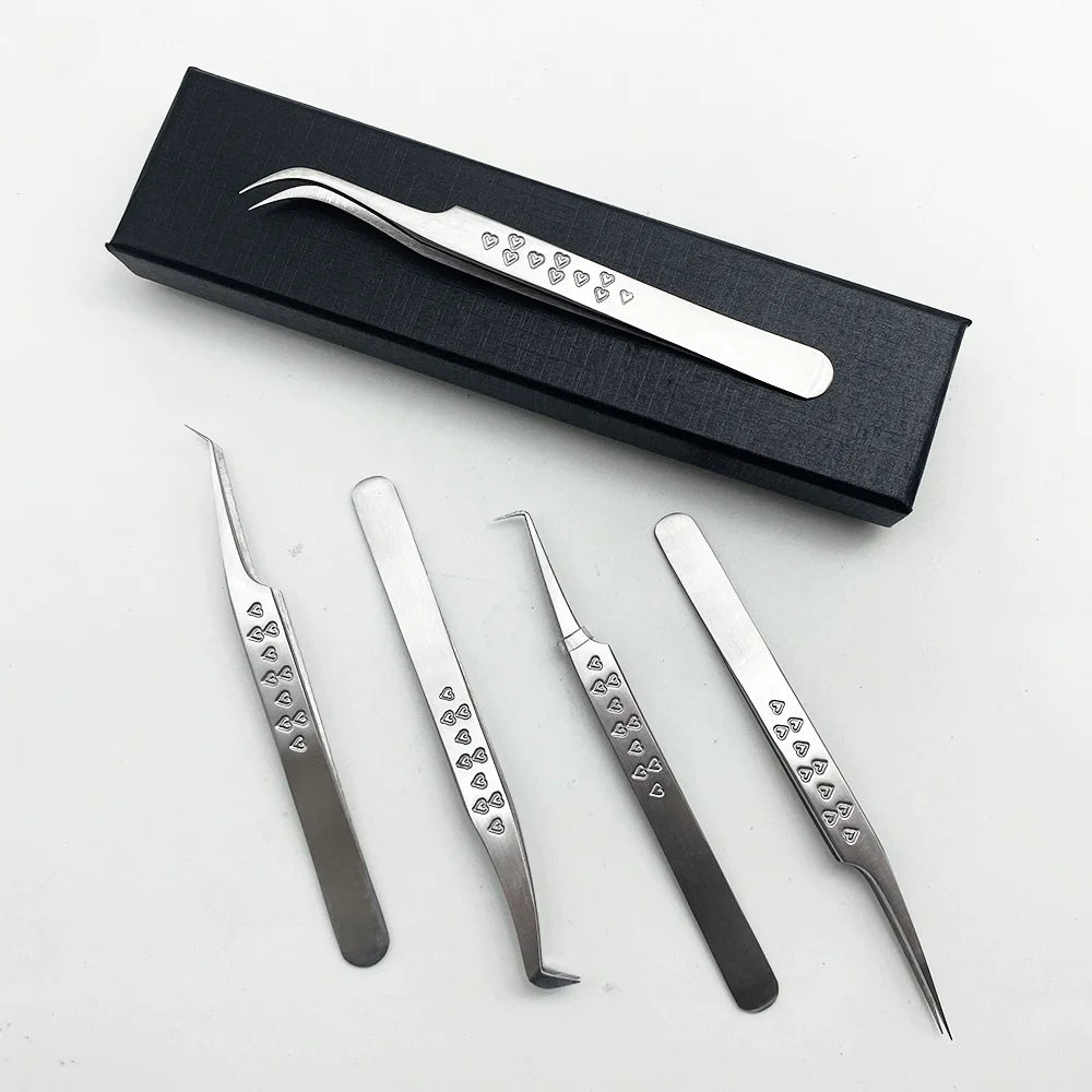 Private Label Fiber Tip Heart-shaped Volume Lash Tweezers 90 Degree Gold Pink Anti-static Eyelash Extension Tweezers Set
