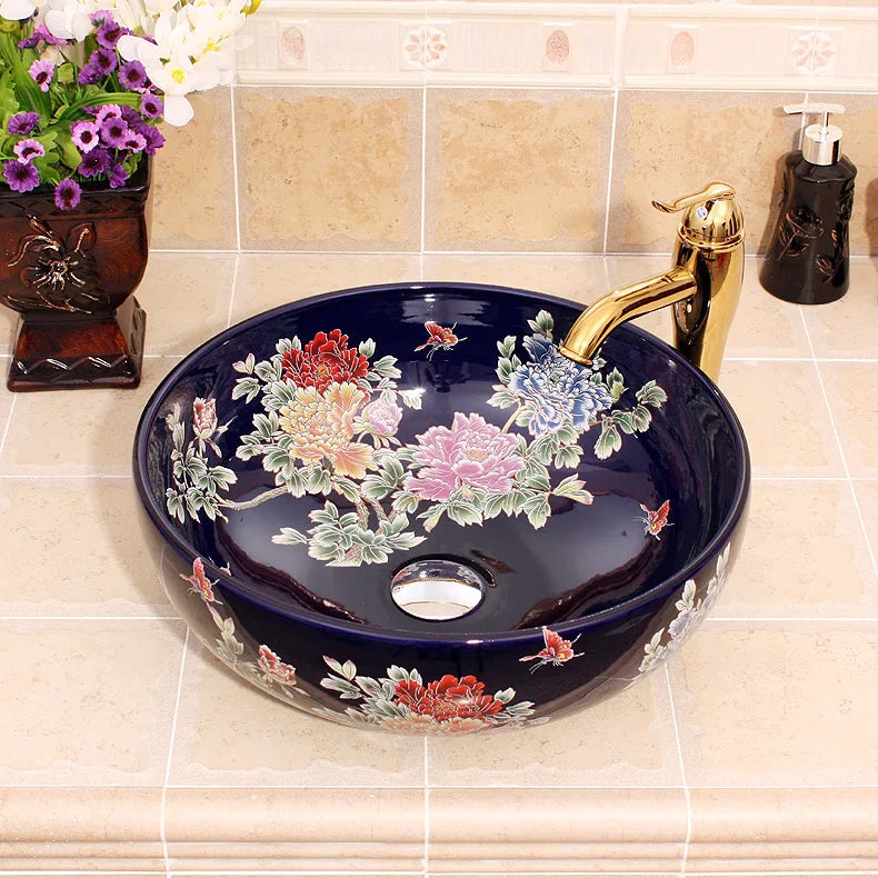 Fancy Jingdezhen Ceramic Bathroom Wash Basin Sink for Hotel