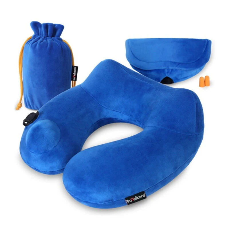 U-shaped Inflatable Soft Travel Pillow with Detachable and Washable Coat for Airplanes Automobiles and Families