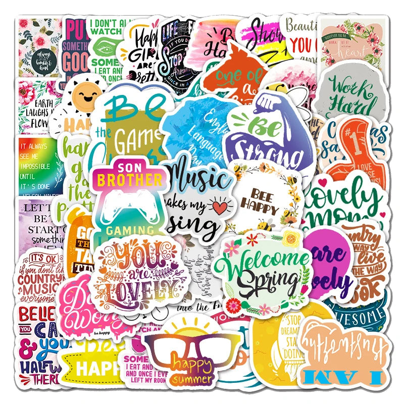 50Pcs Inspirational English Phrases Vinyl Graffiti Stickers for Laptop Bottle Decor Phone DIY Custom Label