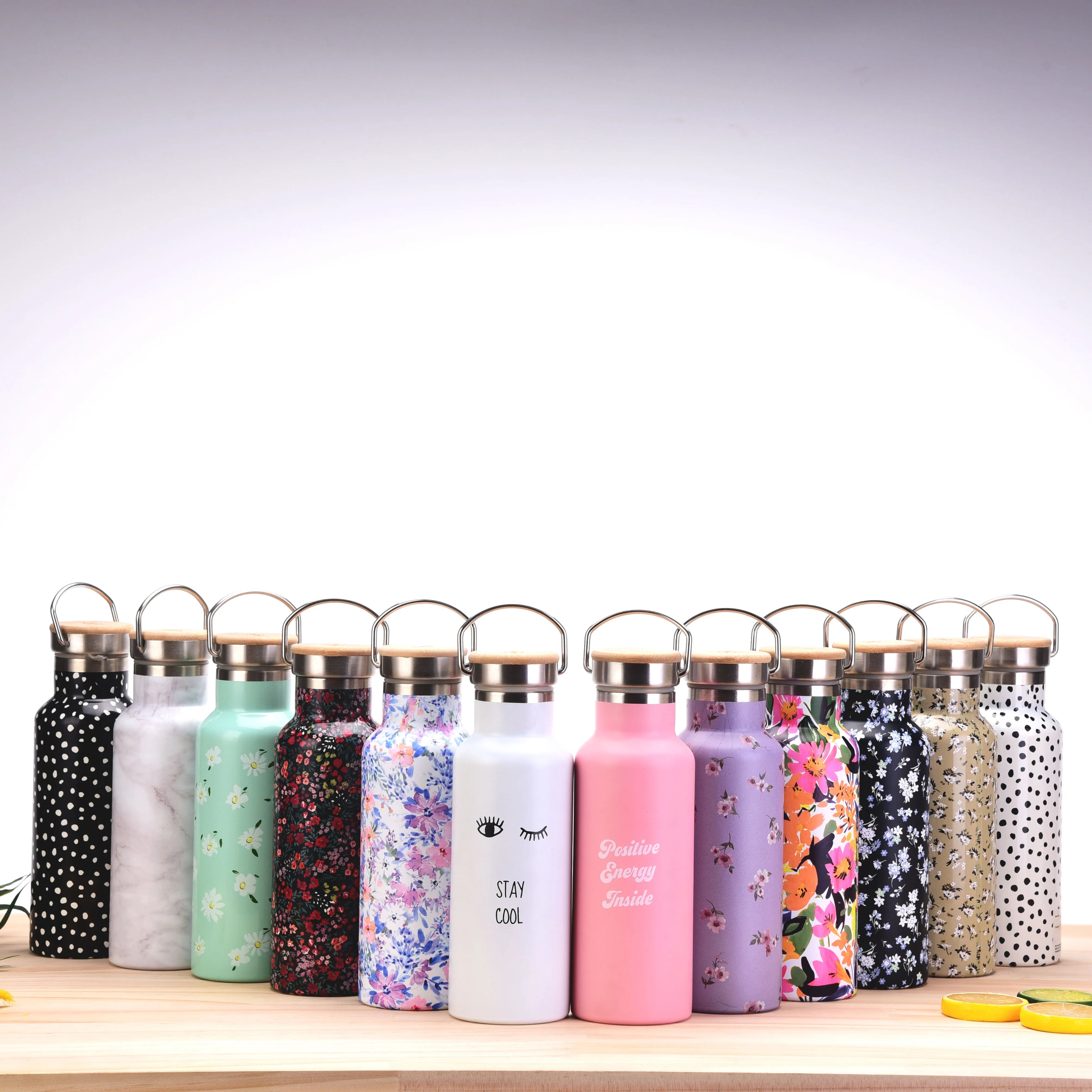 Wholesale 304 Stainless Steel Insulated Bottle Rural Style Printed Water Bottle Bamboo Lid Handle Portable Sports Water Kettle