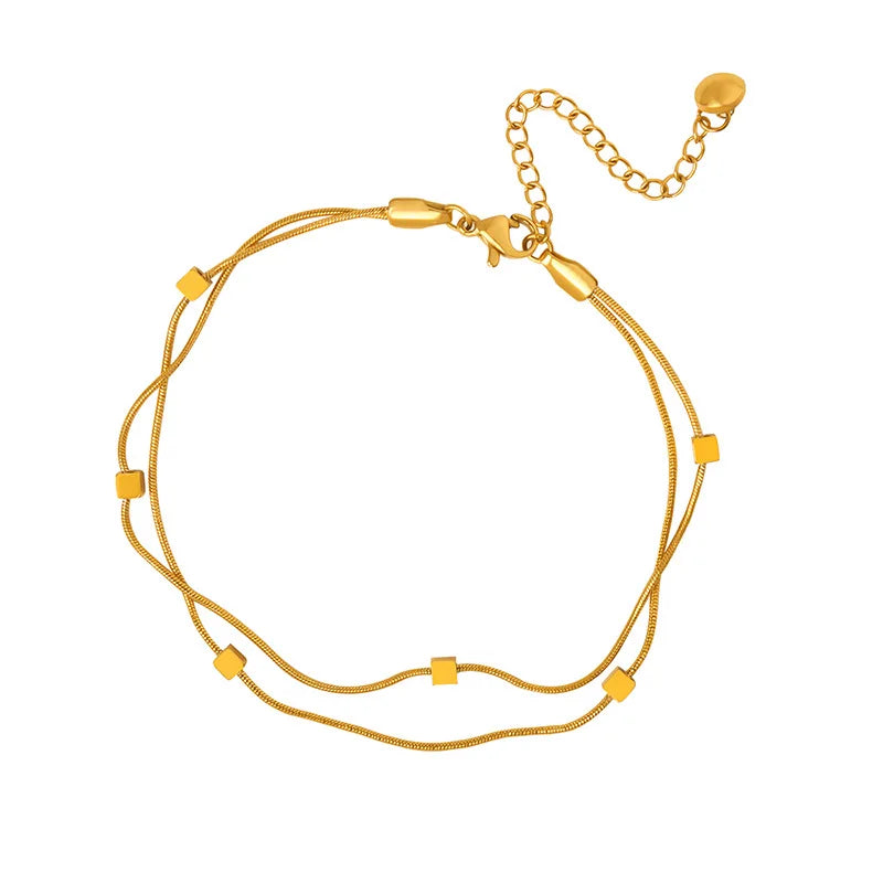 Adjustable Fashion Double Layer Round Snake Chain Jewelry Gold Plated Square Pendant Anklet for Women