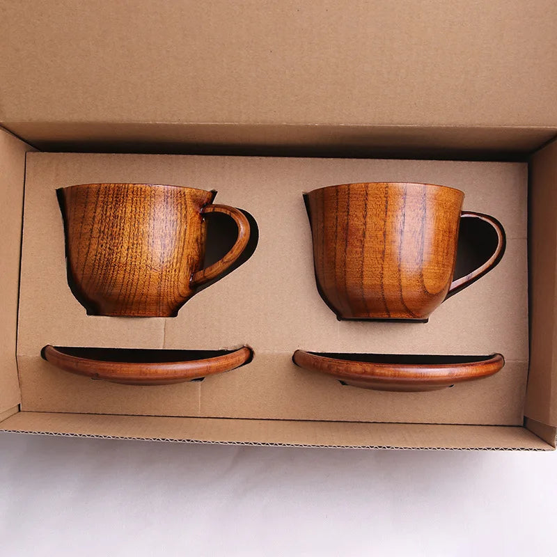 Factory Wholesale Creative Jujube Wood Cafe Cup Custom Logo 270ml Minimalist Water Bottle Mug Coffee Cup Saucer Set