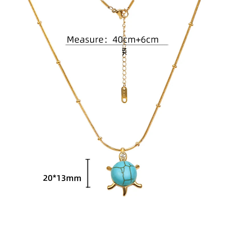 Classic Retro Blue Turquoise Cute Three-dimensional Turtle Pendant 18K Gold Plated Stainless Steel Women's Gift Necklace