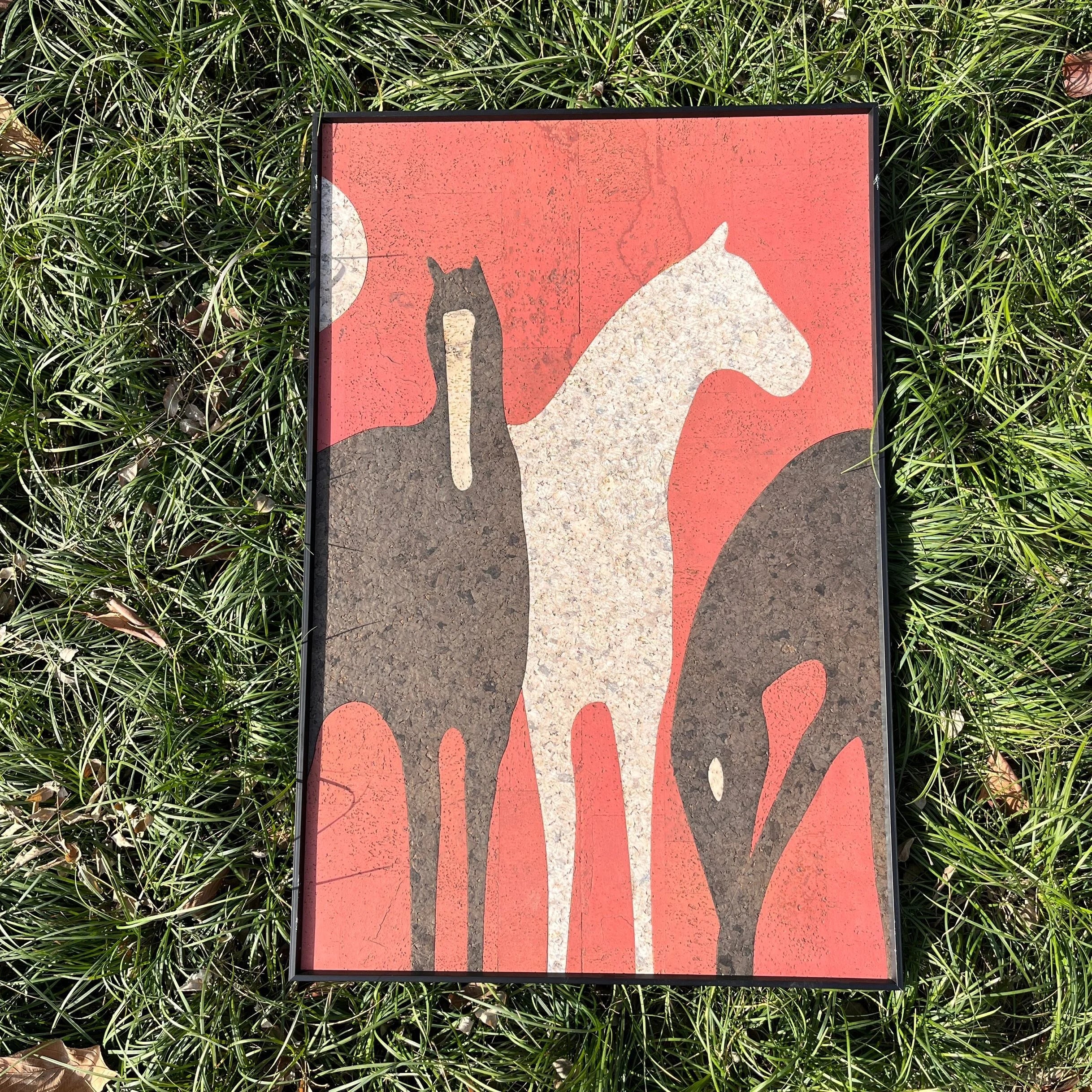 Animal Cork Painting Black White Horse Wall Art Framed Eco-Friendly Durable Impressionist for Bedroom Rectangle Gift Wall Decor
