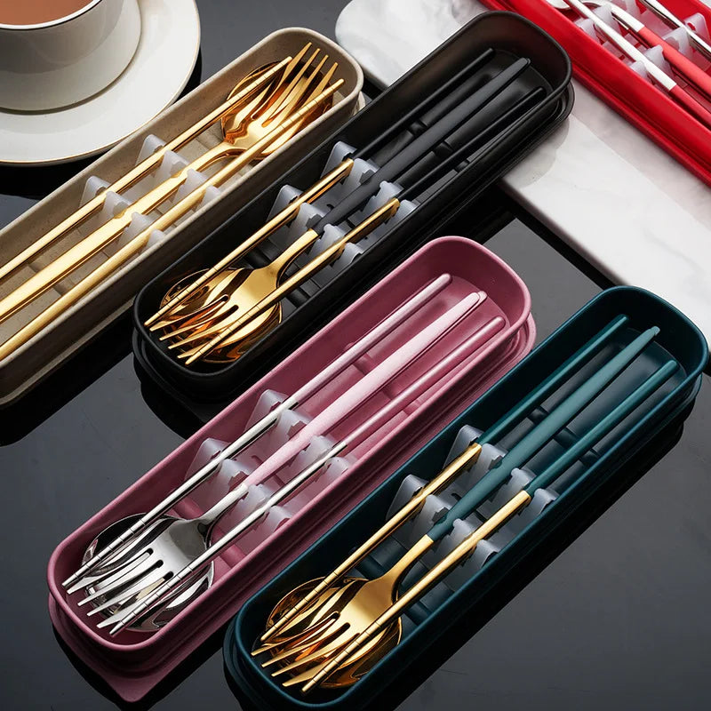 Korean Customized Logo Gold Plated Stainless Steel Cutlery Set With Color Handle Chopsticks and Spoon Fork Flatware Set