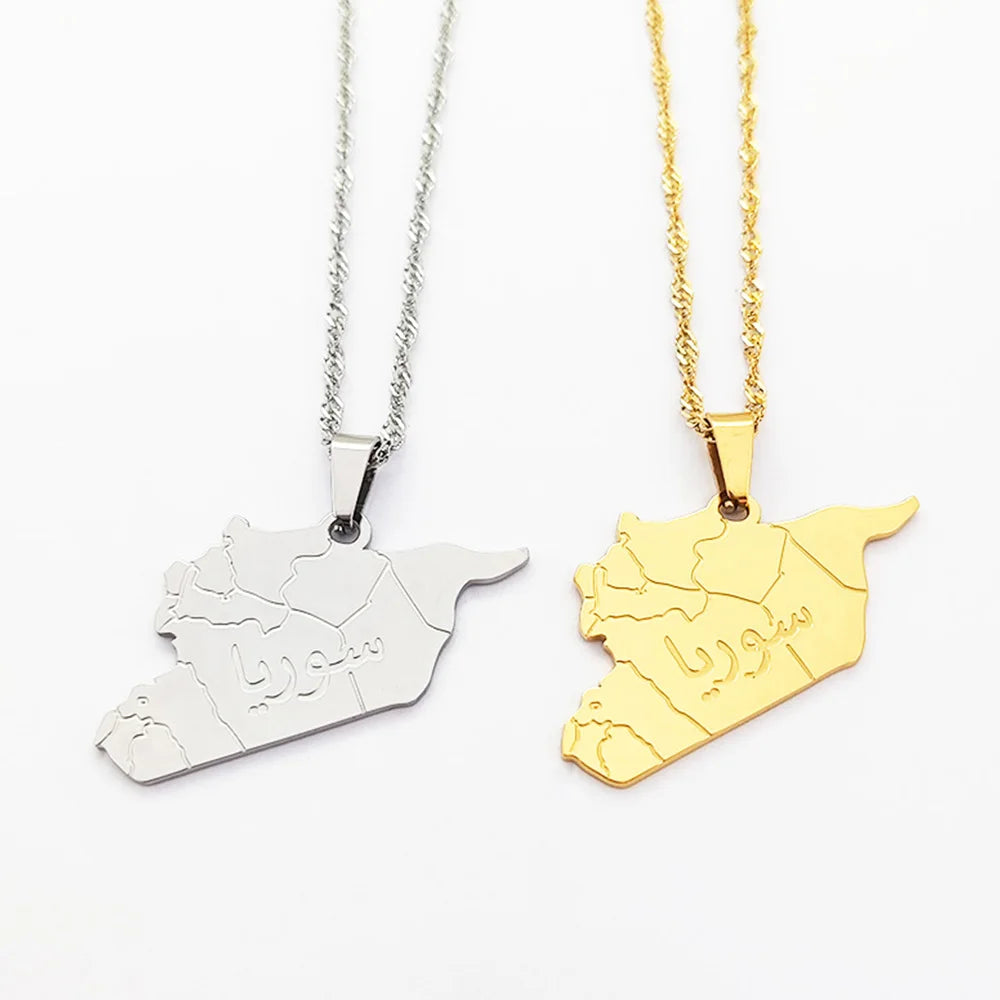 Wholesale Direct Sales Syria Map Charm Necklace Plated Stainless Steel Hollow Country Name Pendant Jewelry Necklace