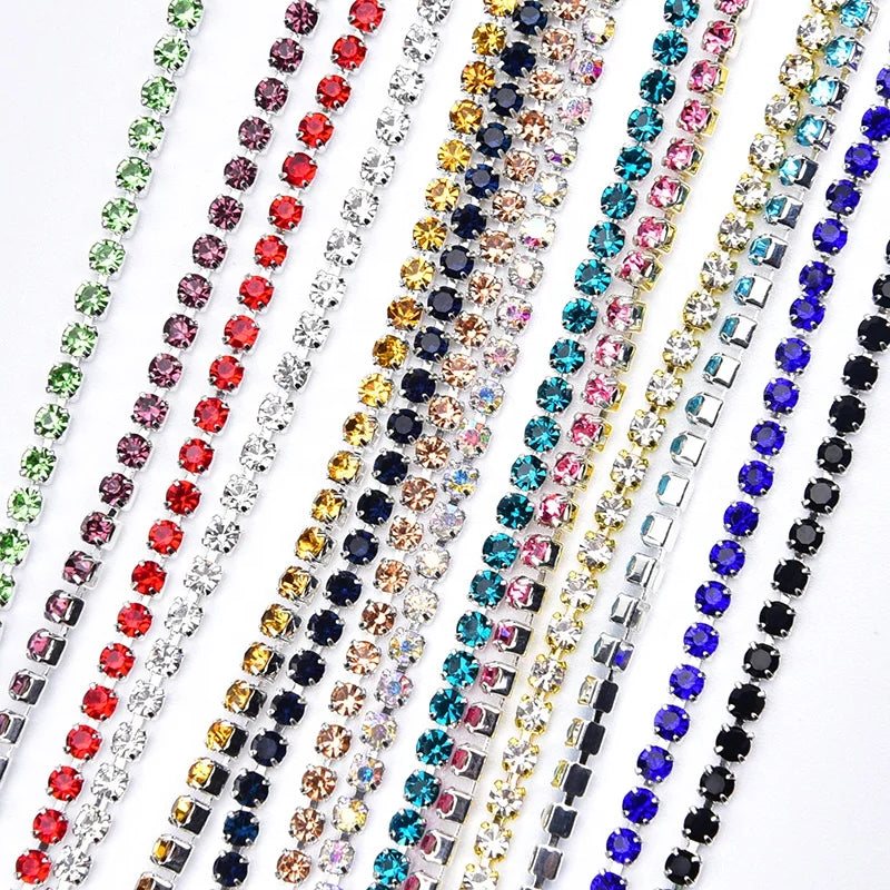 2mm Glitter Crystal Bridal Trimming Density Silver Claw Rhinestone Cup Chain for Wedding Dress Garment
