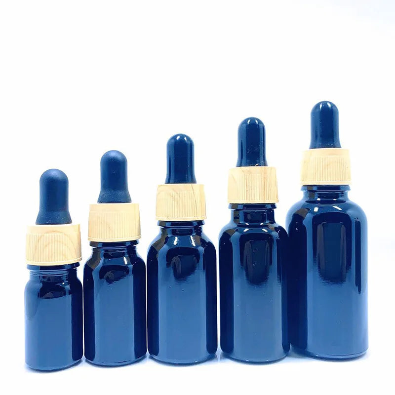 Custom logo 5ml-100ml Electroplating Blue Glass Wood Grain Blue Dropper Bottle Cosmetic Package Container Essential Oil Bottle