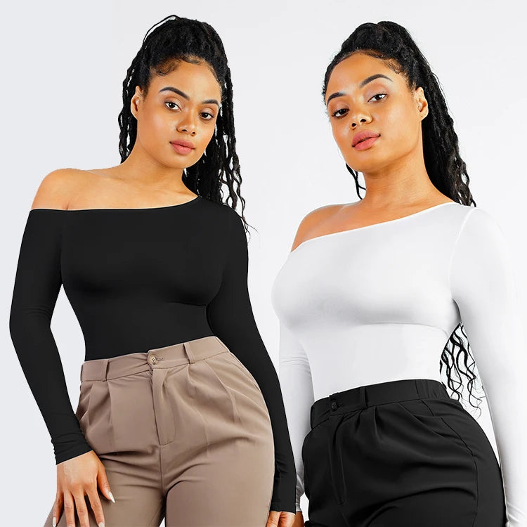 Wholesale Bodysuit for Women Tummy Control Shapewear Seamless Tops Diagonal Neck Long Sleeve Waist Trimming Thong Bodysuit