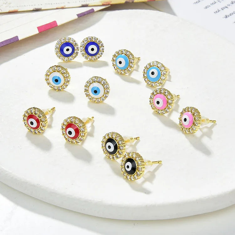 EC1851 Hot Sale Dainty 18K Gold Plated CZ Micro Pave Crystal Enamel Round Evil Eyes Studs Earring for Ladies
