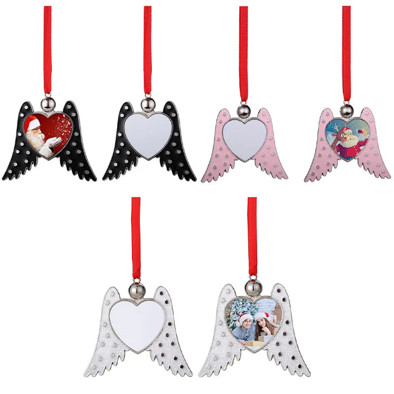 RubySub 2022 Heart Wing Sublimation Zinc Alloy Christmas Ornaments in Pink/Black/White for Festive Decorations