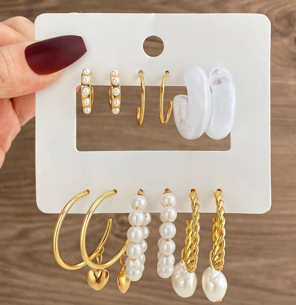 Trendy Geometric Gold Plated Resin Heart Hoop Earrings Set Crystal Geometric Pearl Circle Drop Earrings for Women Jewelry Gift