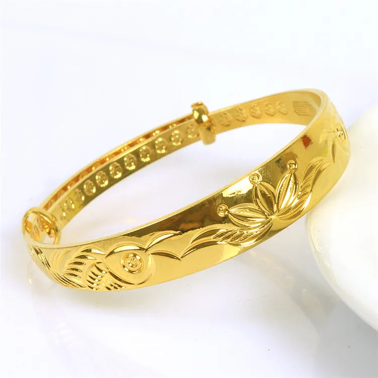 YL Women's Brass Gold Plated 12mm Wide Push-Pull Wedding Bracelet Glossy Plum Blossom Wide Edge