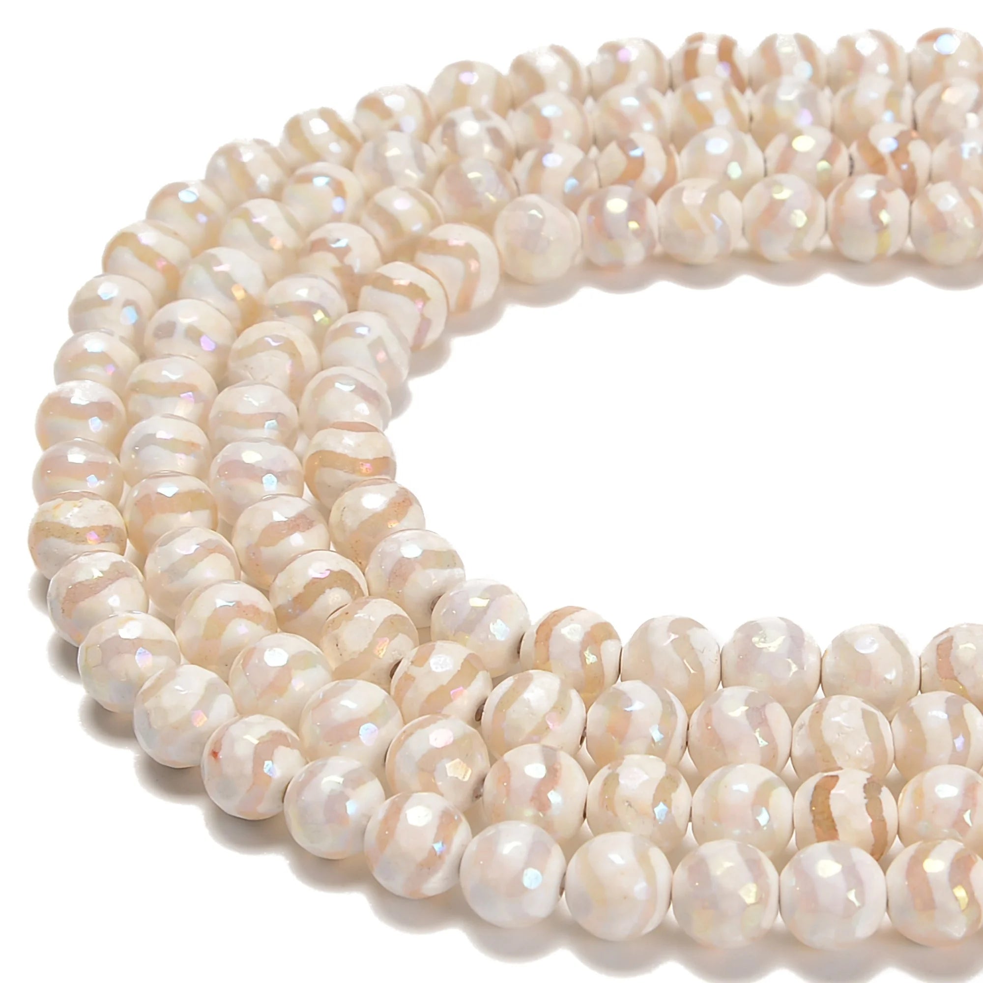 Coated White Tibetan Agate Wavy Faceted Round Beads Size 6mm 8mm 10mm 12mm for Jewelry Making