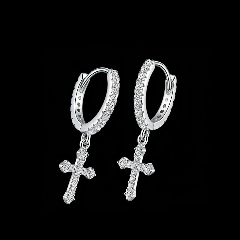 Mens Bling Drop Jewelry 925 Sterling Silver Zircon Cross Hoop Earrings for Daily Wear