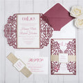 Custom Color Burgundy Red Elegant Laser Cut Pocket Fold Jacket Envelope with Glitter Paper Belly Wedding Invites Set