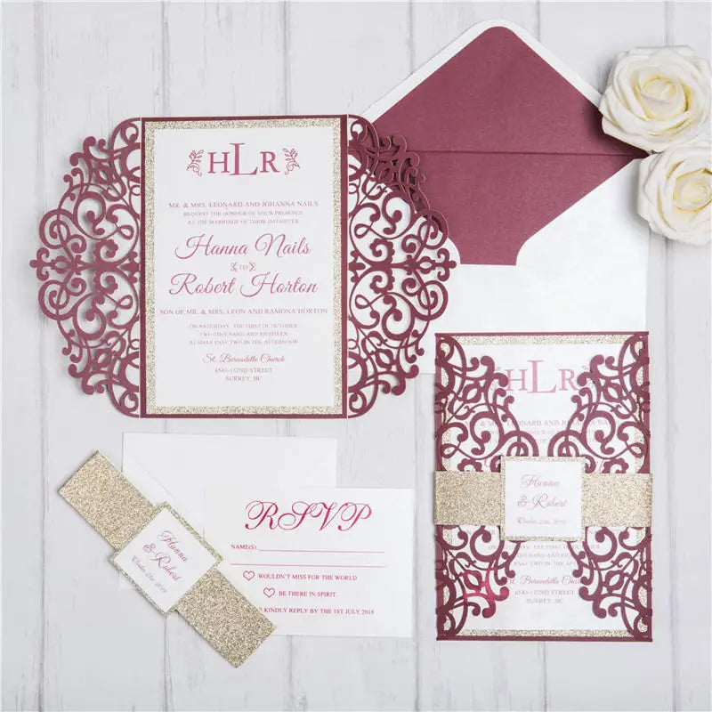 Custom Color Burgundy Red Elegant Laser Cut Pocket Fold Jacket Envelope with Glitter Paper Belly Wedding Invites Set