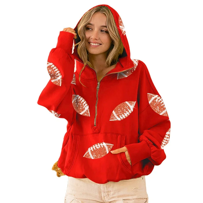 Glitter Football Print Hoodie Ladies European American Fashion