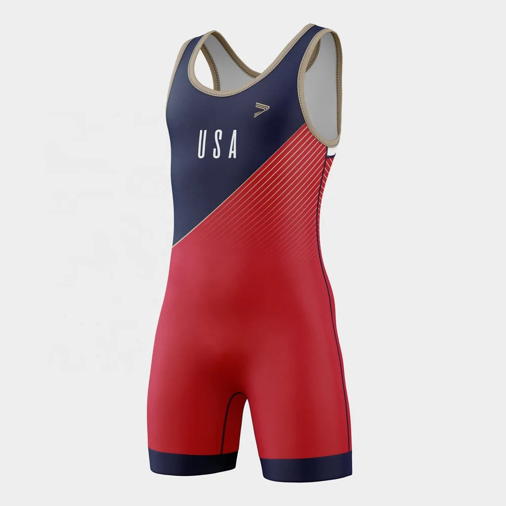 Men's USA Team Wrestling Singlets Sleeveless Athletic Supporters Wrestling Uniform Sports Bodysuit Jumpsuits for Train