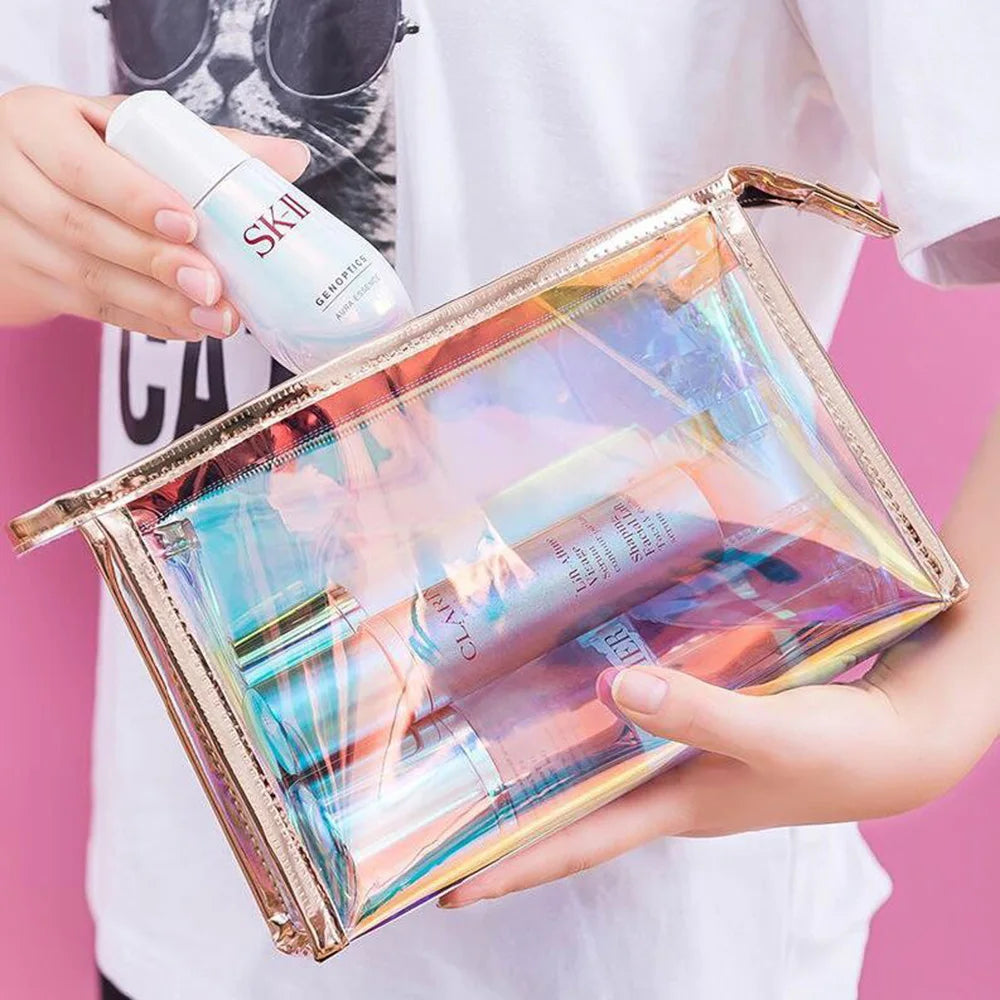 Custom Logo New Fashion Transparent Laser Cosmetic Toiletry Pouch Luxury Print Clear Holographic Makeup Zipper Packaging Bag