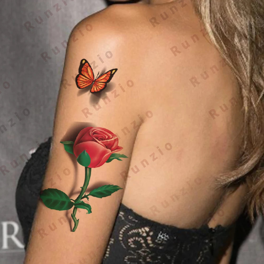 Butterfly Design Temporary Tattoo Stickers Fashionable 3D Rose Arm Body Transfer Paper Decals for Face Application White Color