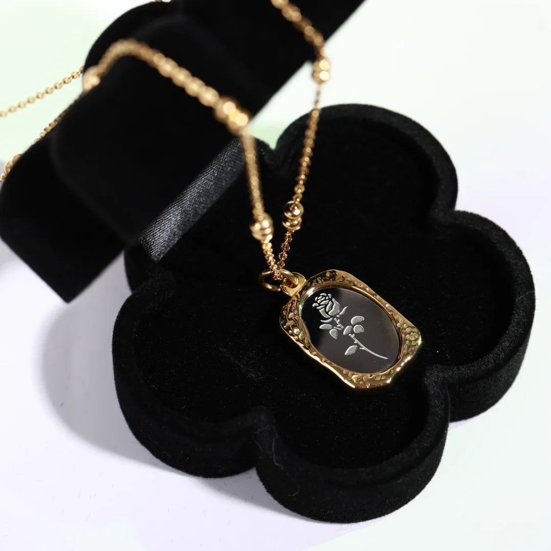 GD 18K Gold Stainless Steel Magic Mirror Rose Flower Necklace Vintage Pendant Sweater Chain Valentine's Day Gift for Women