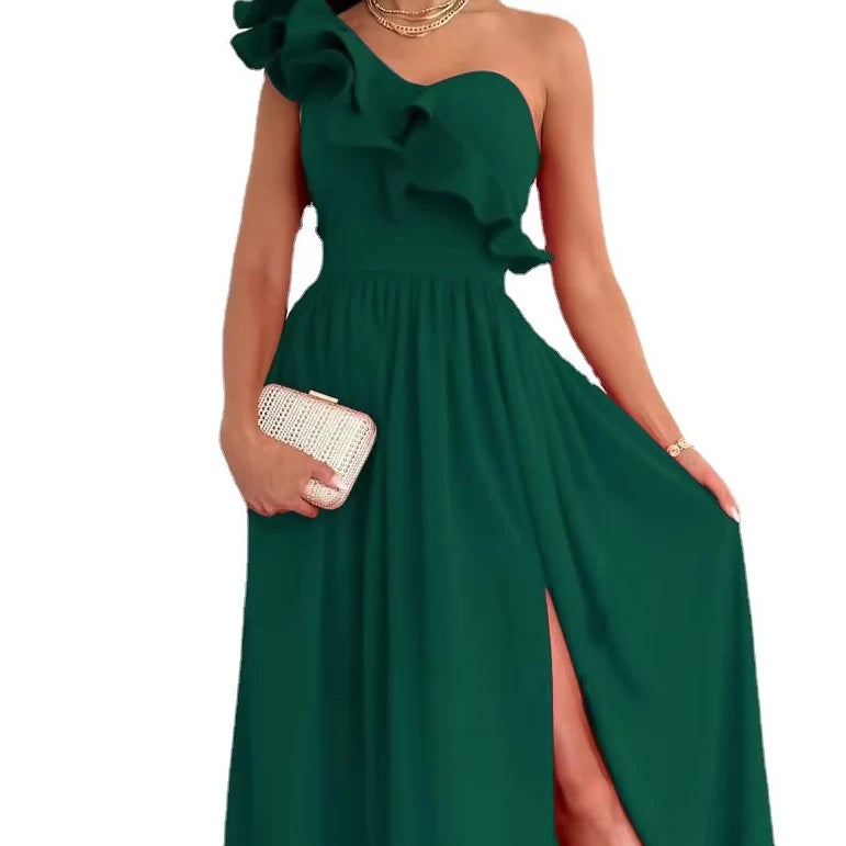 Wholesale Fashion Sleeveless Ruffled Pleated Loose Hem Elegant Backless High Slit Dress off Shoulder Long Dresses Women
