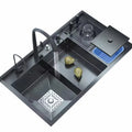 Big Discount 850X500MM Kitchen Sink Black Smart Stainless Steel Double Bowl Sink with Hidden Tool Holder for Farmhouse Kitchen