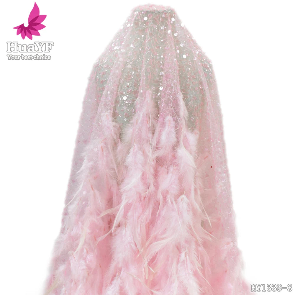 New African pink Feather Sequins Lace Fabric With Beads Shining Wedding Bridal Tulle Lace Dress Fabric for 5 Yards HY1339-3