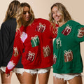 Women's Sequin Christmas Gift Box Crewneck Sweatshirt Winter Holiday Party Long Sleeve Pullover Tops