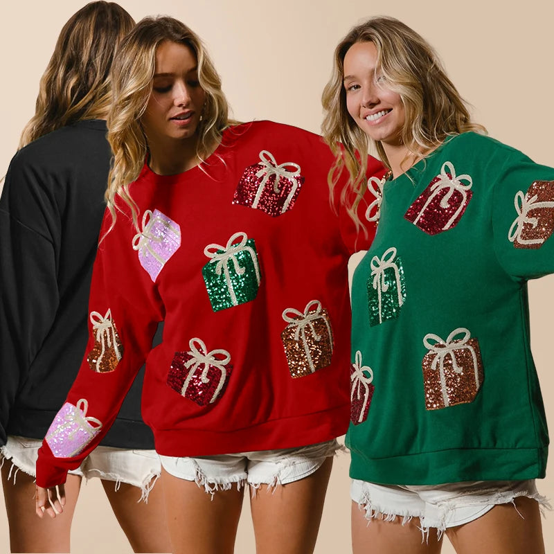 Women's Sequin Christmas Gift Box Crewneck Sweatshirt Winter Holiday Party Long Sleeve Pullover Tops