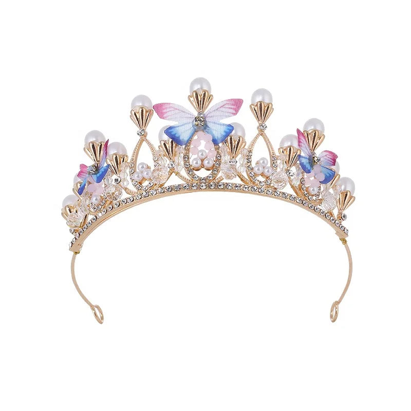Sweet Girls Crystal Party Festival Birthday Pearl Crowns Rhinestone Butterfly Princess Crown for Children