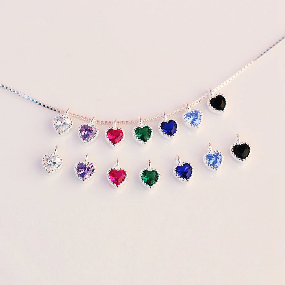 Tiny S925 Sterling Silver Bezel Setting Colorful CZ Heart Charm Pendant With Ring for Diy Bracelet Jewelry Making