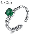 CZCITY Fashion Ring Adjustable Finger Sterling Silver Jade Green Stone Women Trendy 925 Ring Woman