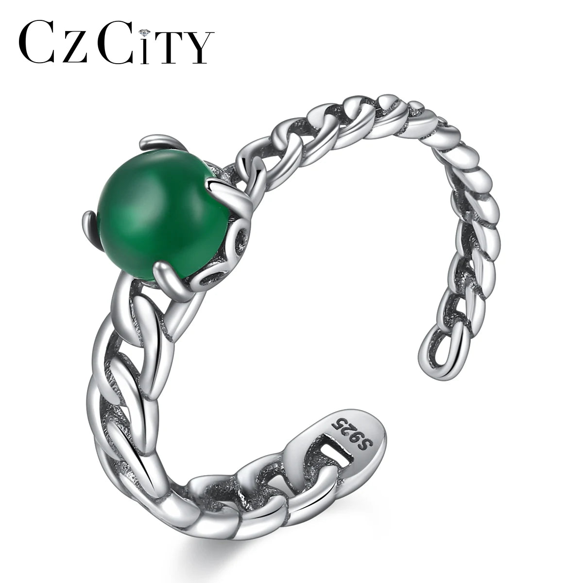 CZCITY Fashion Ring Adjustable Finger Sterling Silver Jade Green Stone Women Trendy 925 Ring Woman