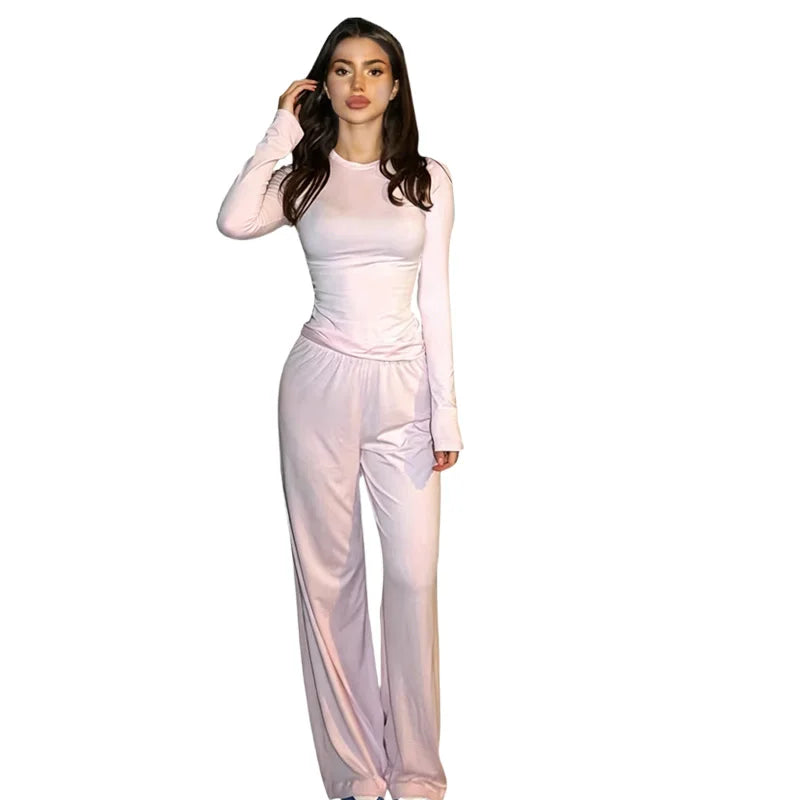 2026 Spring and Autumn Custom Logo Two Piece Set Women New Solid Color Round Neck Slim Top Casual Wide Leg Pants Two Piece Set